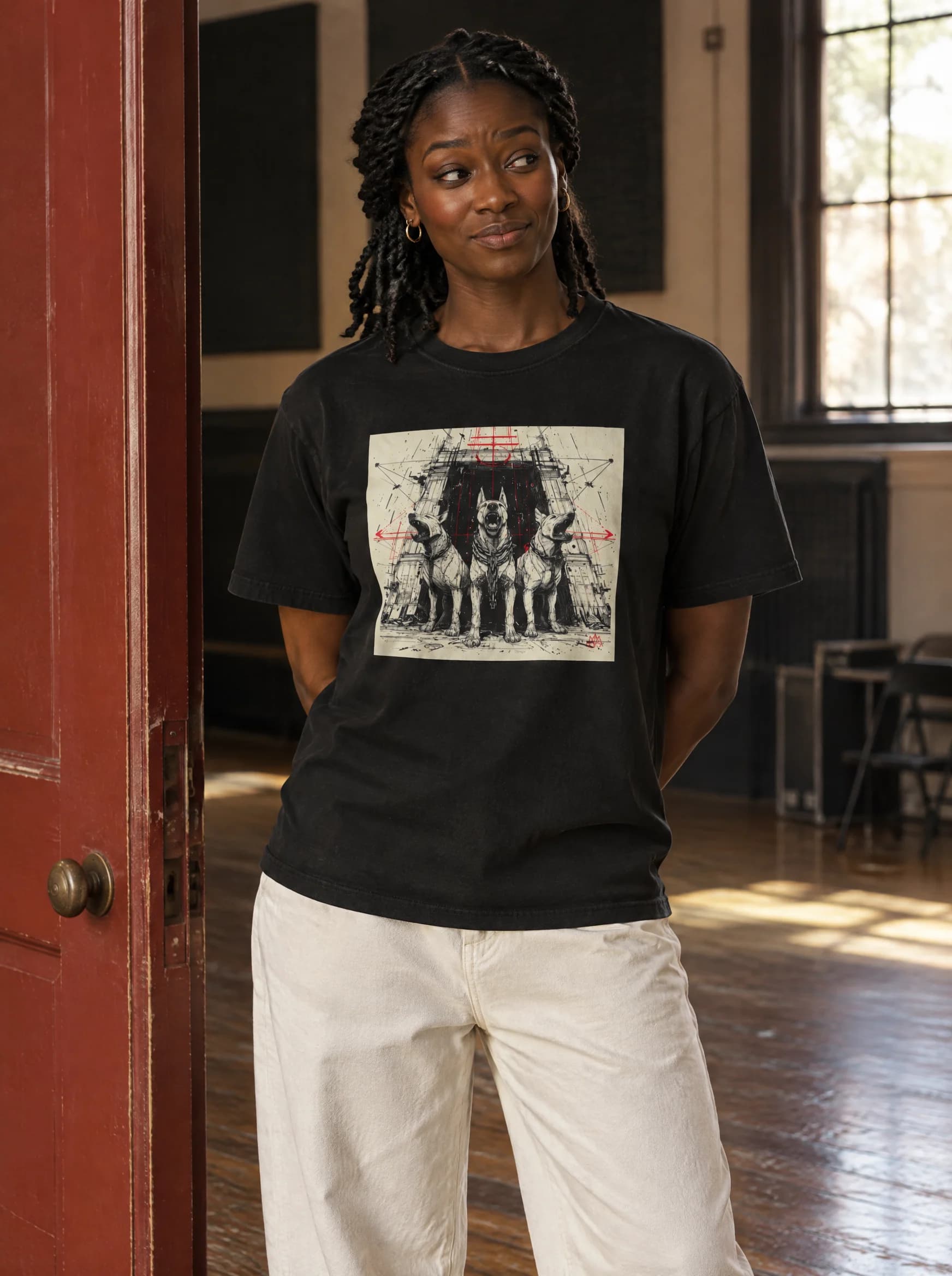 MYTHOS IX tee worn outside a red doorway