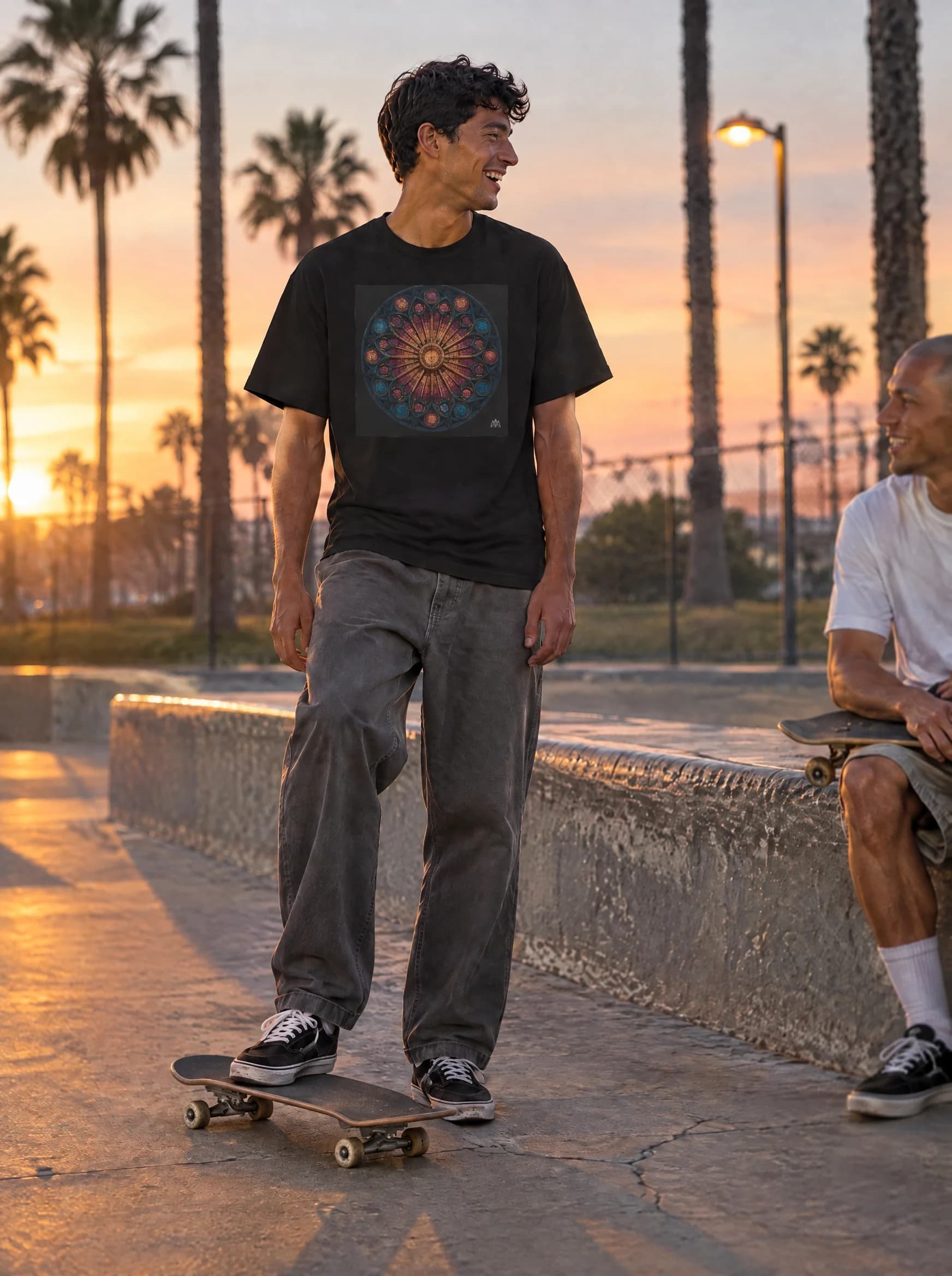 PARISH III tee at a concrete skate ledge under palms at dusk