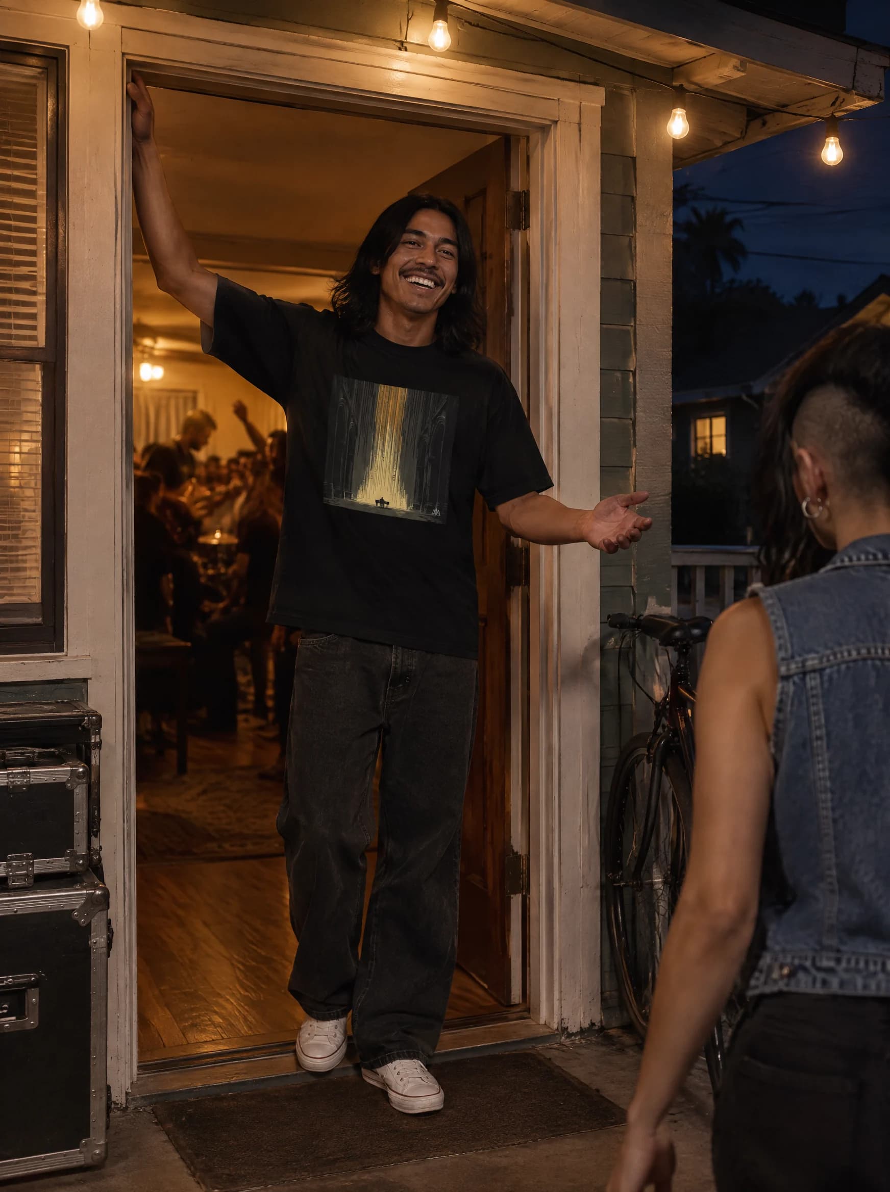 PARISH VI wearer welcoming friends into a house show after dark