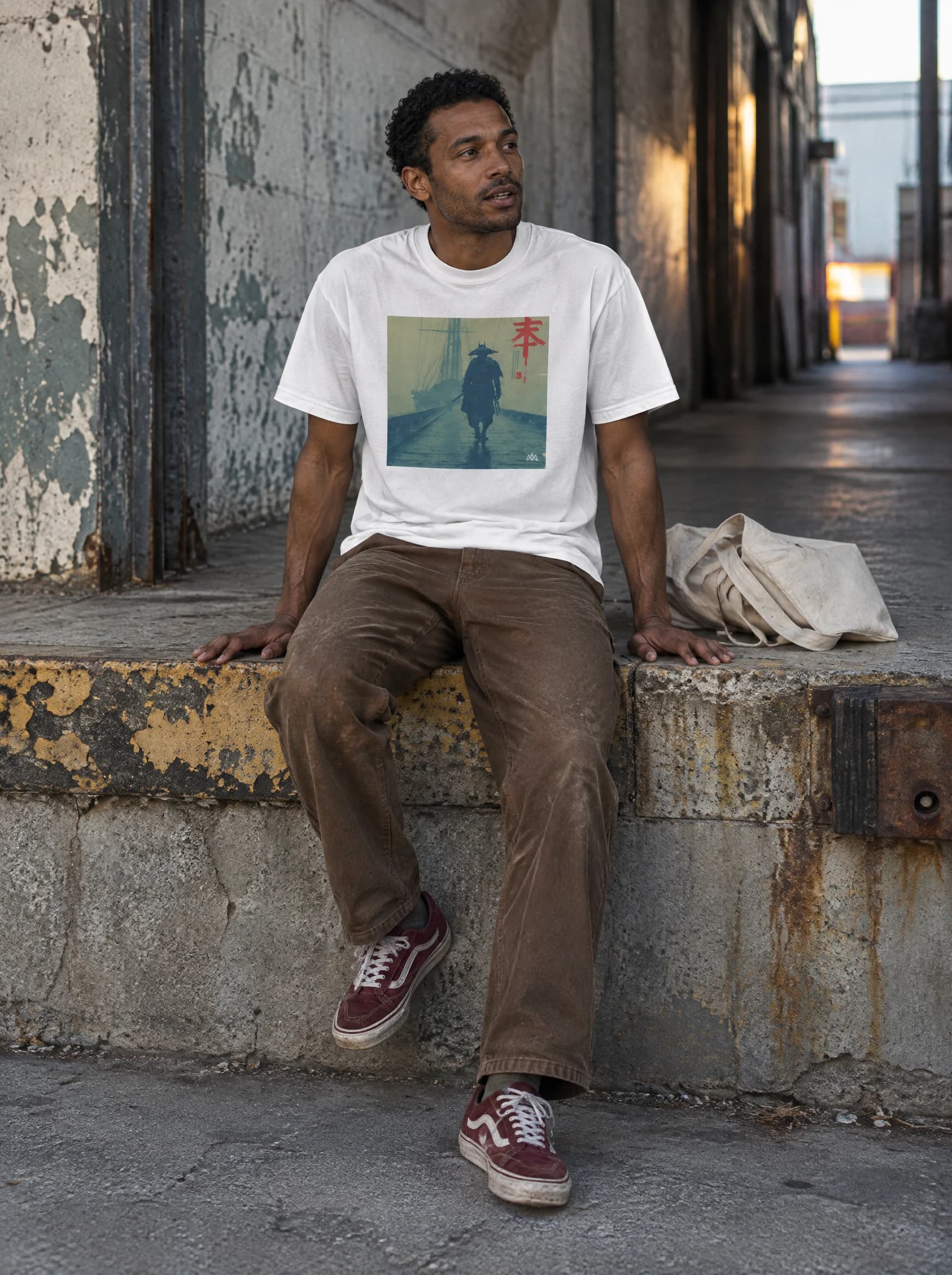 Fictional model seated on a worn loading dock wearing the white RONIN I tee