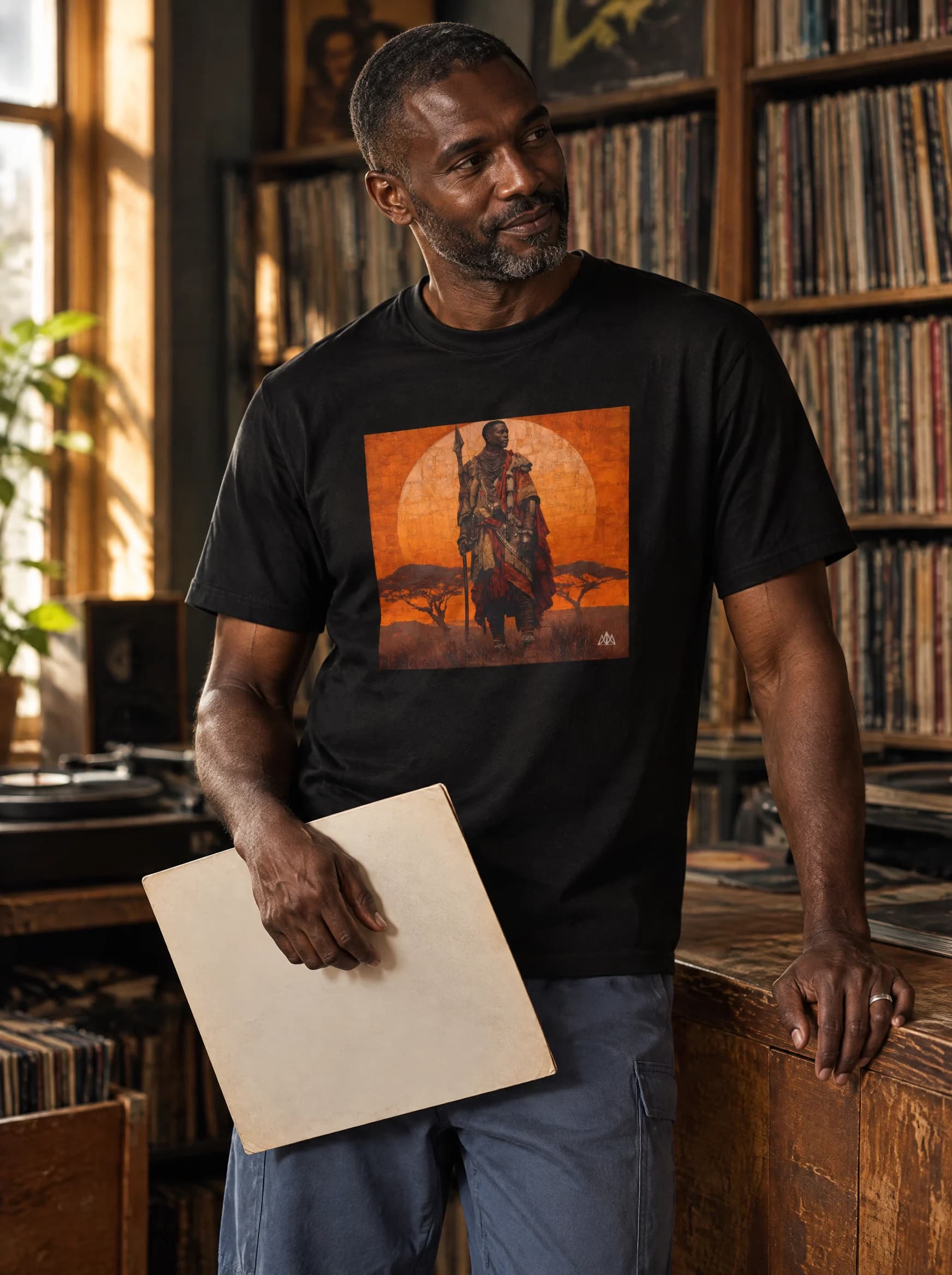 Fictional model holding a record sleeve below the orange RONIN III print in a warm listening room