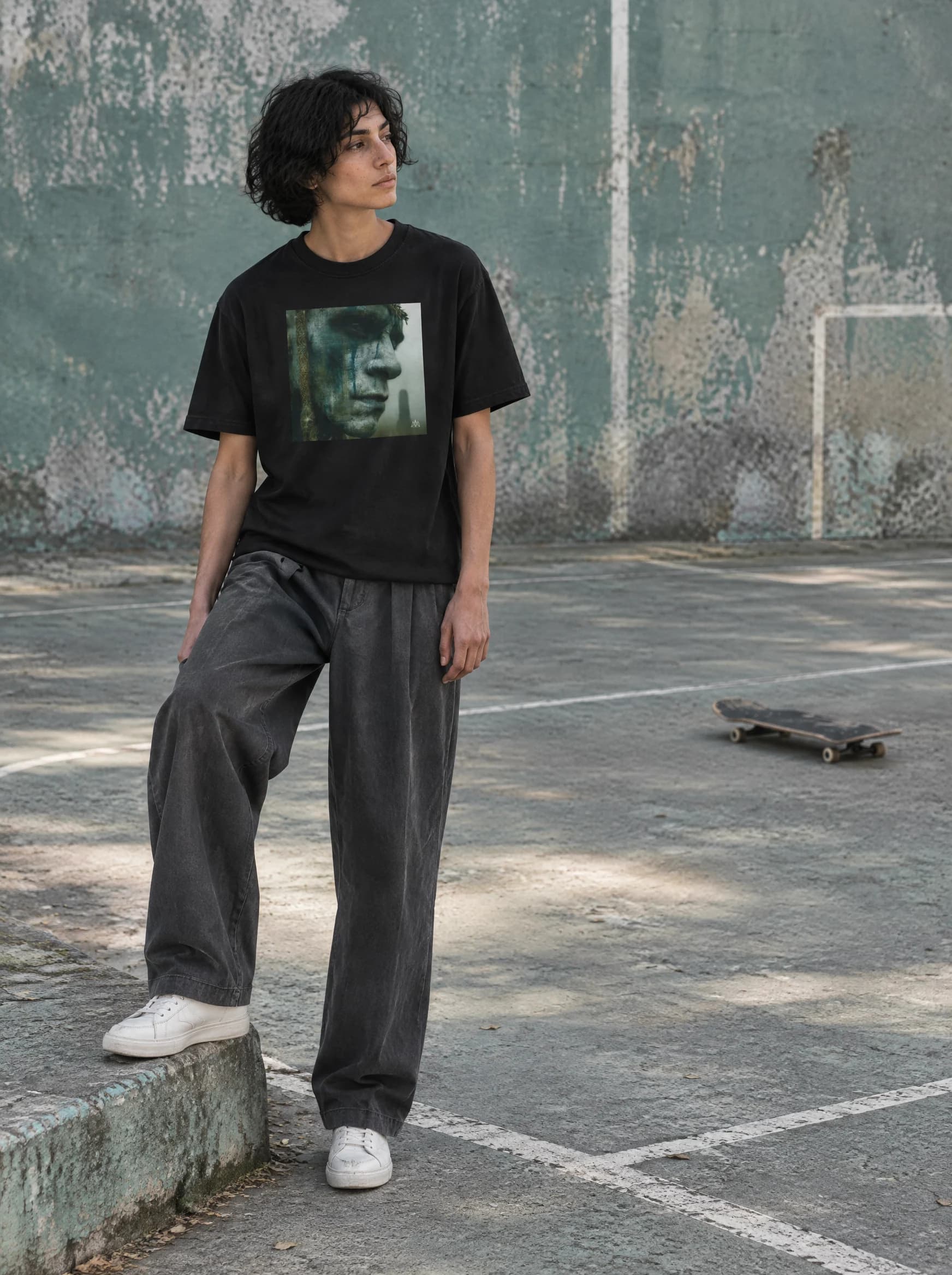 Fictional model resting a foot on a curb at a handball court in the black RONIN IV tee