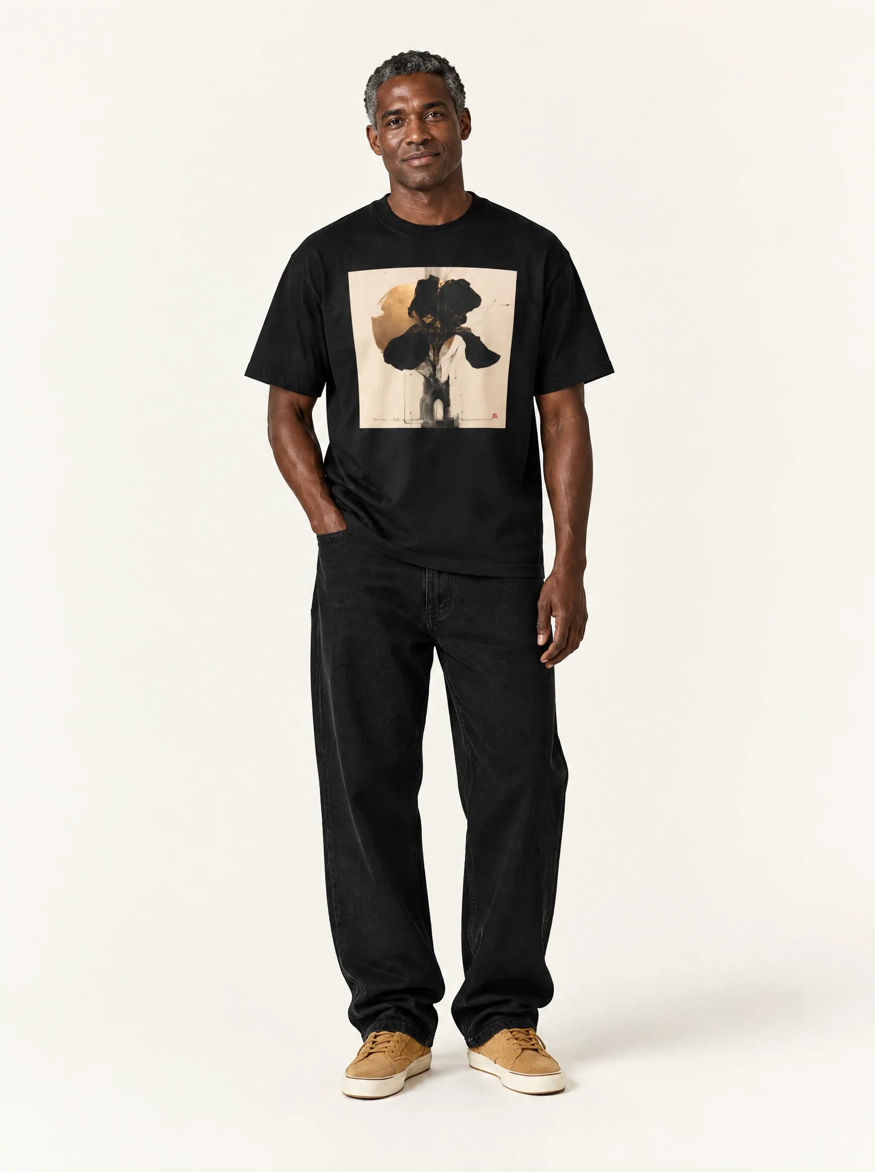 Studio styling study: GILDED THRESHOLD with black denim and wheat sneakers