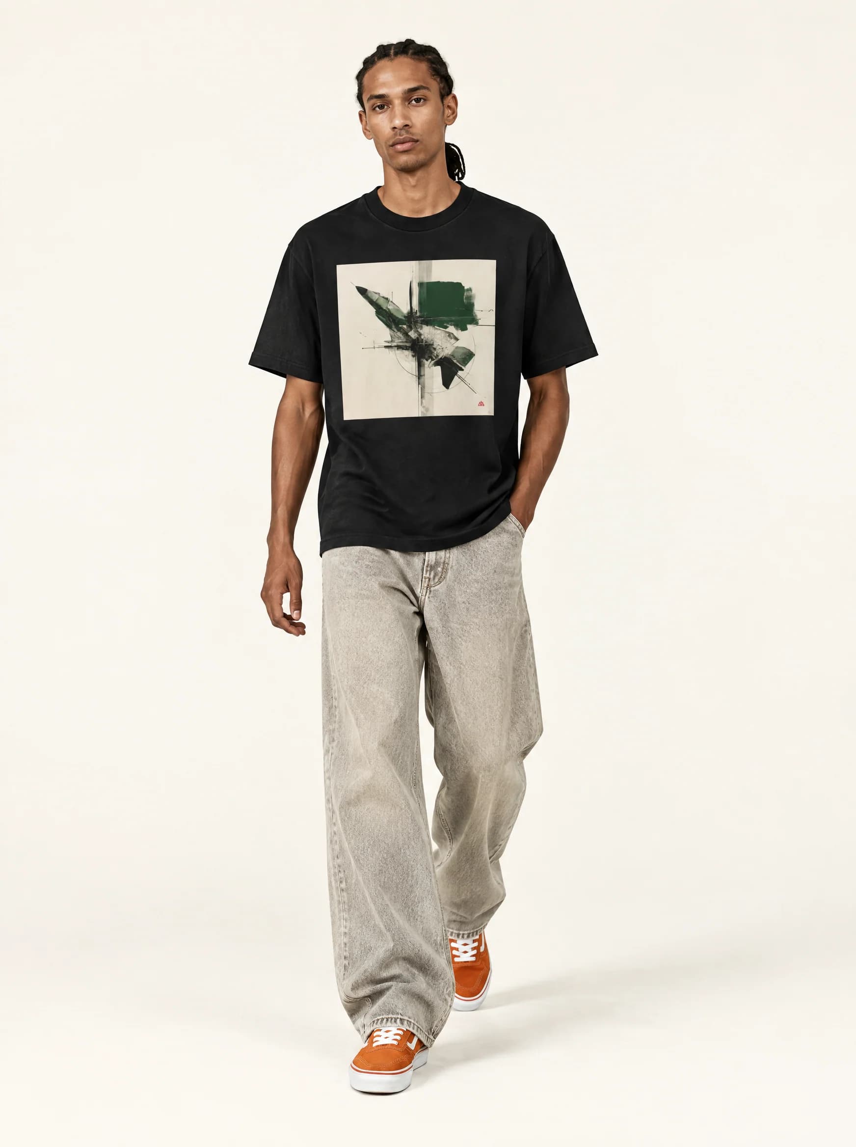 Studio styling study: AFTERBURN with stone denim and orange skate shoes