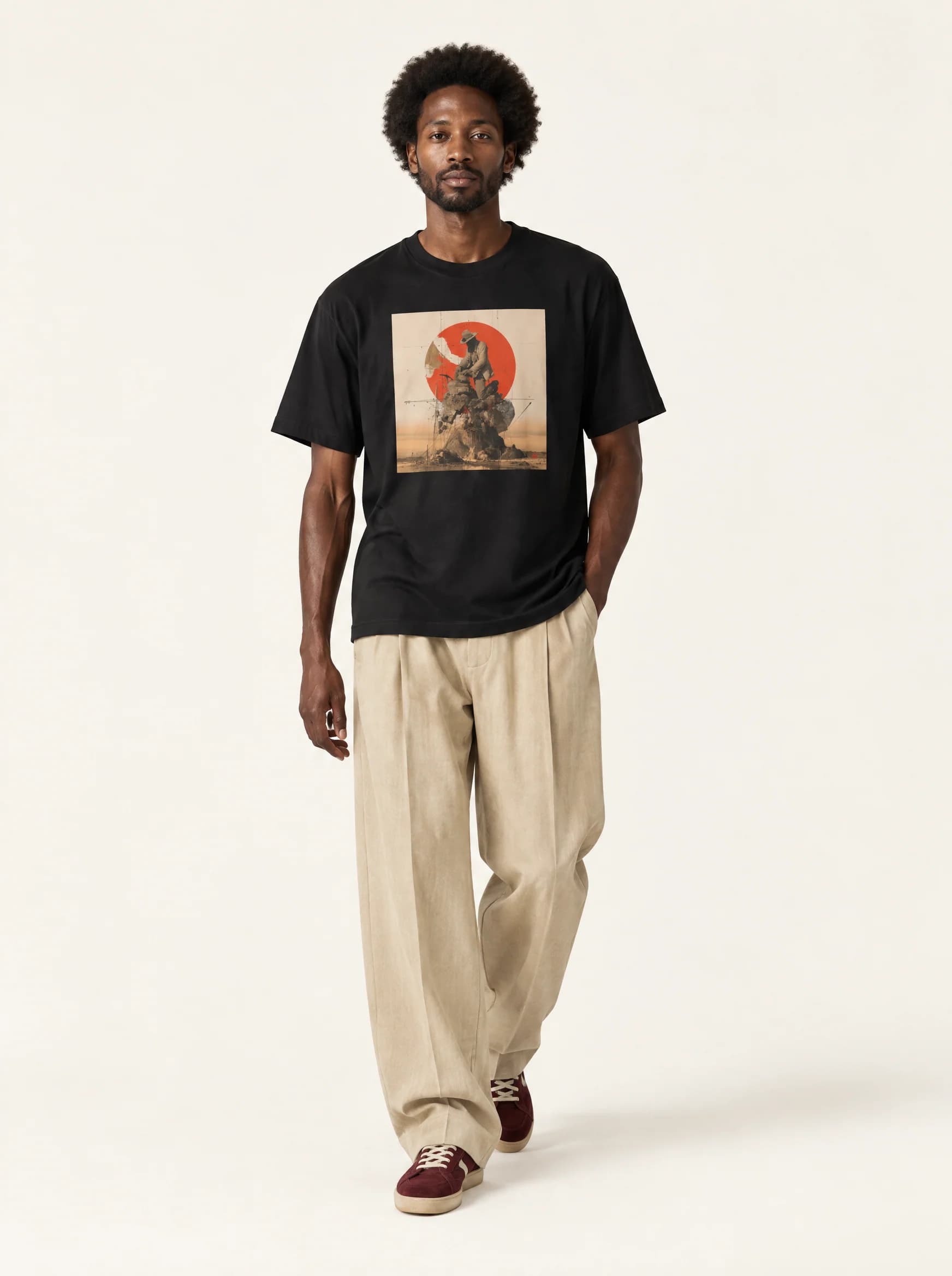 Studio styling study: CLAIM with sand trousers and burgundy sneakers